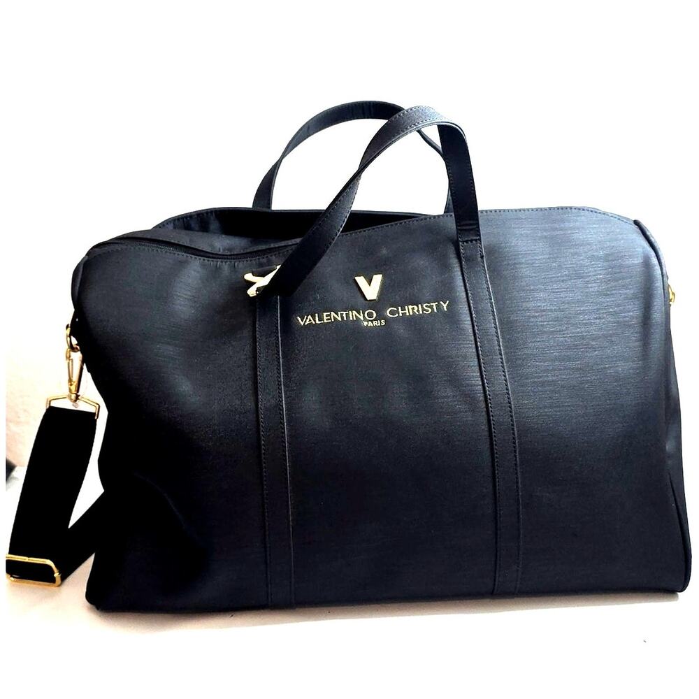 VALENTINO CHRISTY PARIS Vintage Black Nylon Large Travel Tote Boston Bag 2-Way